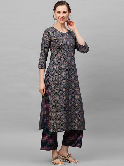 Women Navy Blue Printed Regular Straight Keyhole Neck Pure Cotton Kurta Set