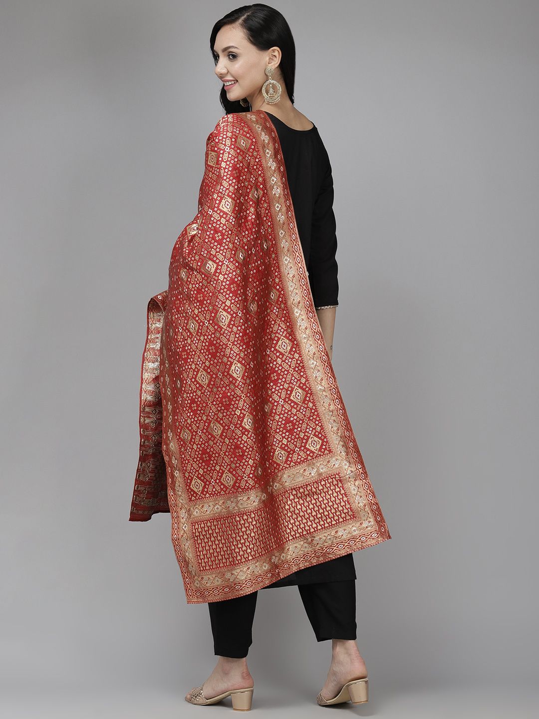 Women Black Yoke Design Regular Sequinned Kurta with Trousers & Dupatta