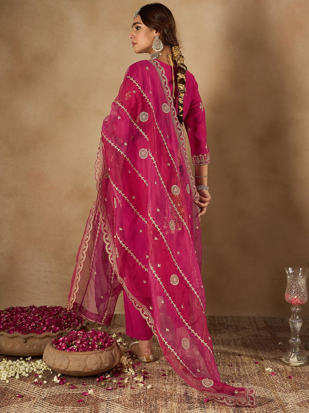 Women Floral Embroidered Regular Sequinned Kurta with Trousers & With Dupatta