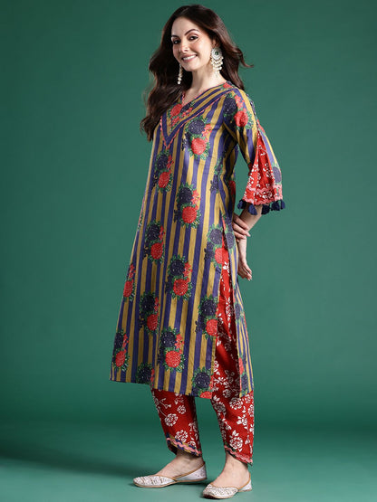 Floral Printed Regular Pure Cotton Kurta with Trousers & Dupatta