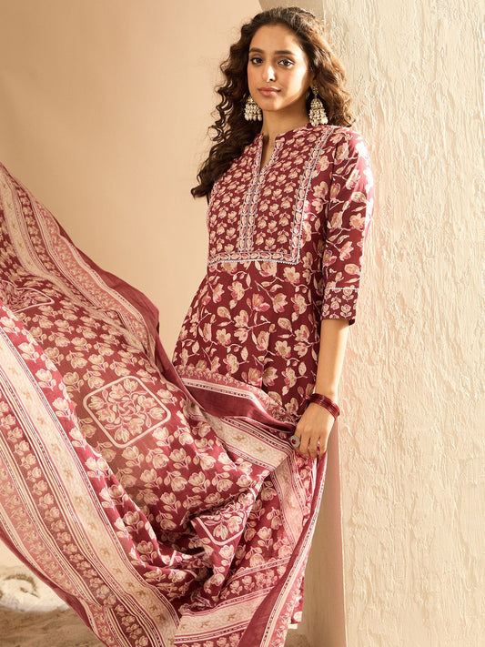 Dhiyona IE Women Floral Printed Pure Cotton Kurta with Trouser & With Dupatta
