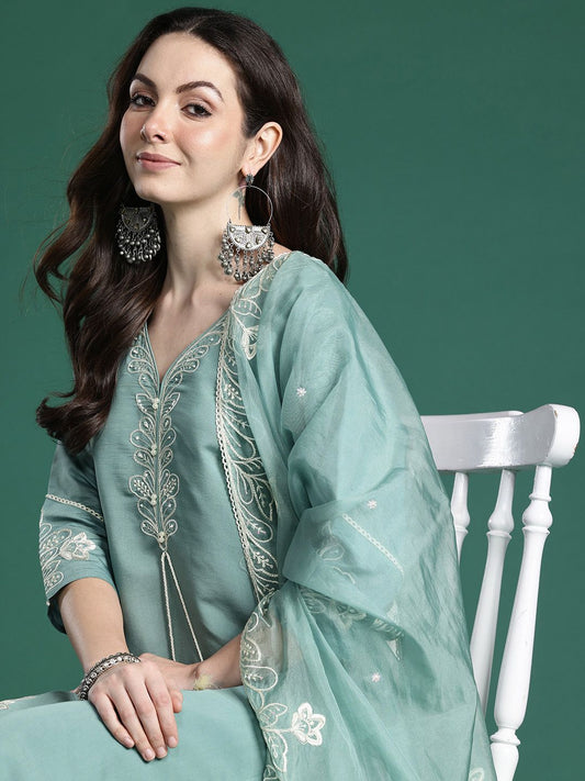 Dhiyona IE Floral Embroidered Thread Work Kurta with Trousers & With Dupatta