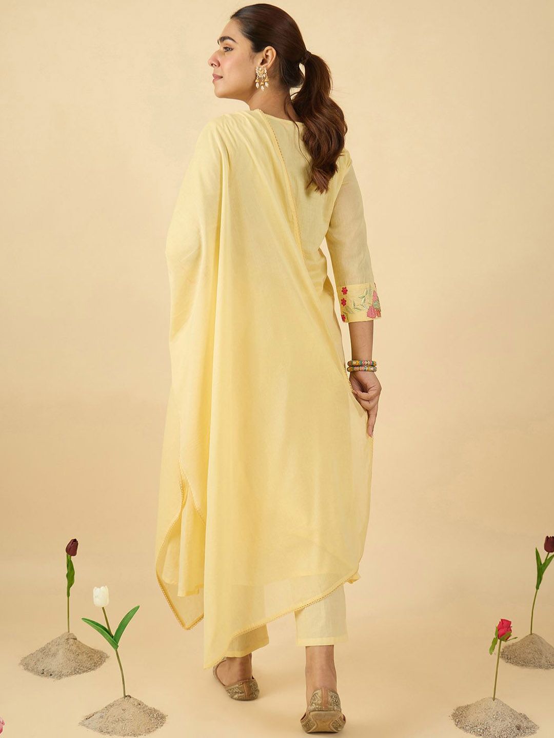 Women Floral Embroidered Cotton Kurta with Trousers & Dupatta