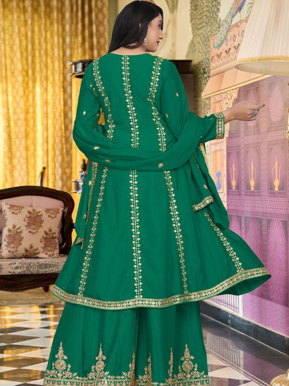 Floral Embroidered Mirror Work Round Neck Anarkali Kurta With Palazzos & Dupatta