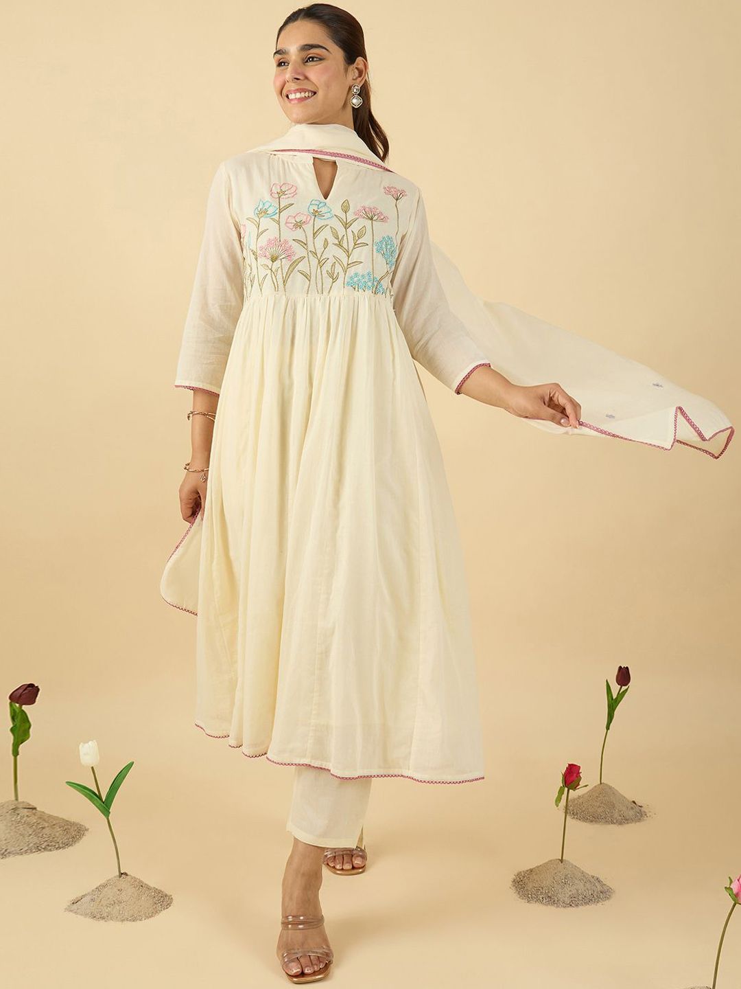 Women Floral Embroidered Cotton Kurta with Trousers & Dupatta