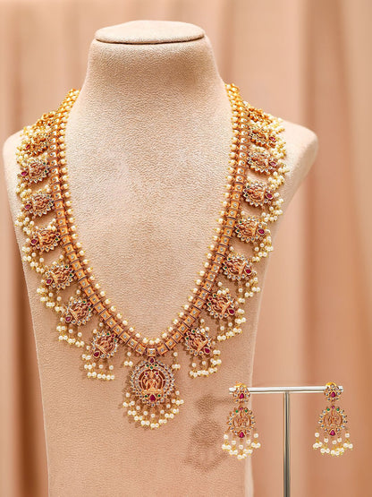 Dhiyona RJ Women's 24K Gold-Plated Divine Lakshmi Temple Necklace Set with Ruby Stones & Pearls