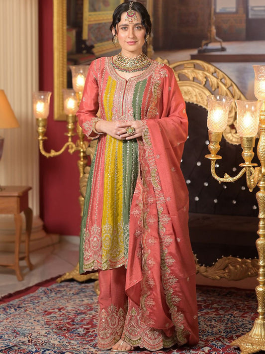 Dhiyona IE Ethnic Motifs Embroidered Panelled Sequinned A-Line Kurta With Palazzos & Dupatta