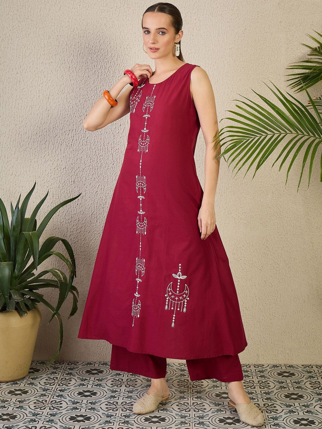 Dhiyona IE Women's Adults-Women Woven Design Embroidered Cotton A-Line Kurta with Palazzos