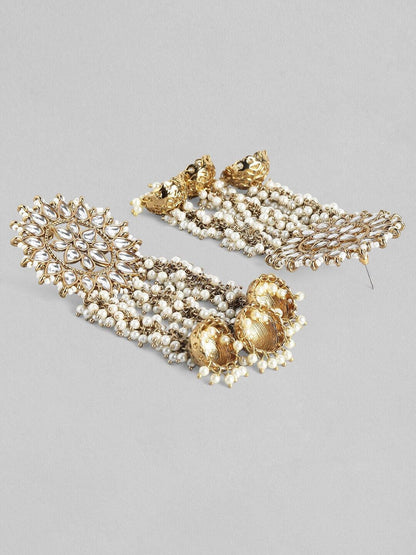 Dhiyona RJ Women's 22K Gold Plated Handcrafted Kundan Studded Floral Design 3-Layered Jhumkas Earrings