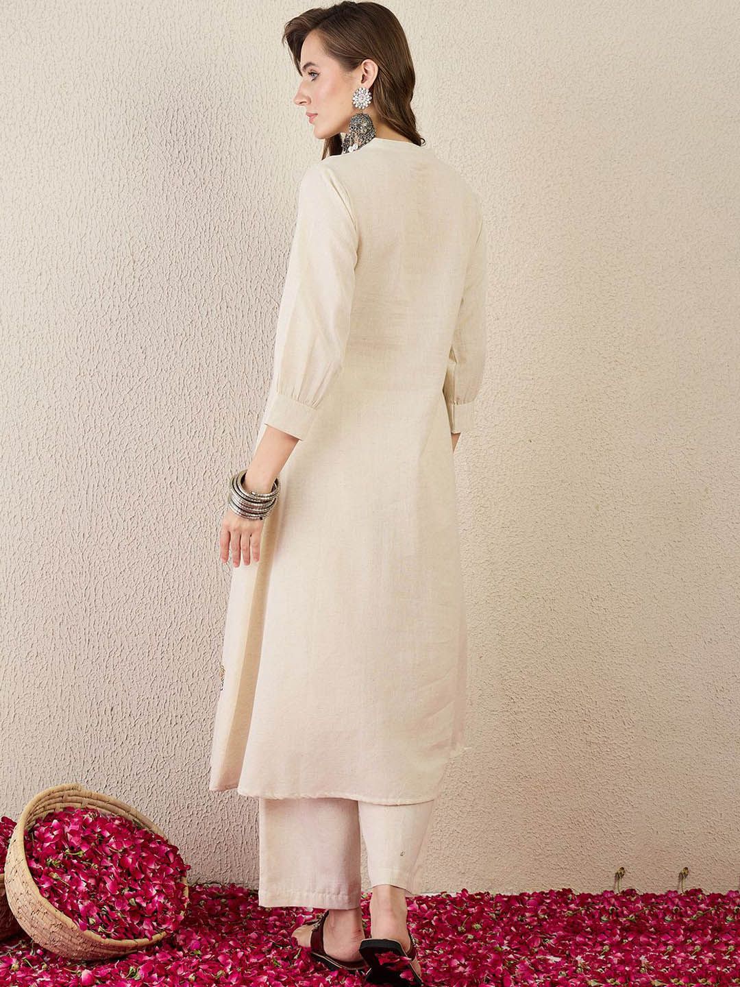 Dhiyona IE Embroidered Cotton Mandarin Collar Neck Top With Palazzos Co-Ords