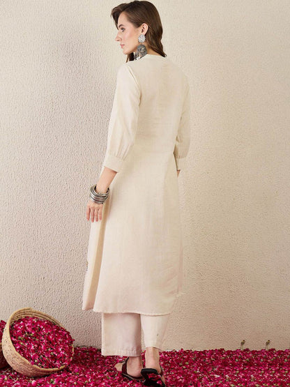 Dhiyona IE Embroidered Cotton Mandarin Collar Neck Top With Palazzos Co-Ords