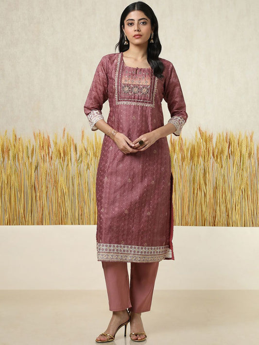Dhiyona SO Women's Floral Embroidered Keyhole Neck Sequinned Chanderi Cotton Straight Kurta With Trouser