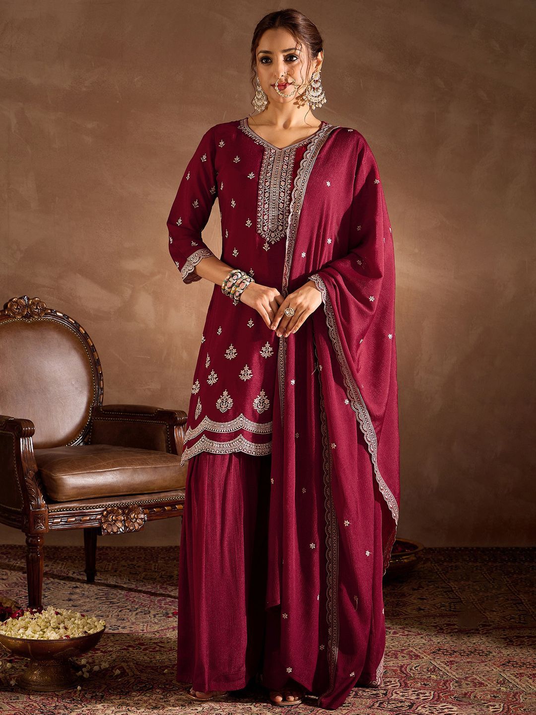 Dhiyona IE Ethnic Motifs Embroidered Sequinned Straight Kurta With Sharara And Dupatta