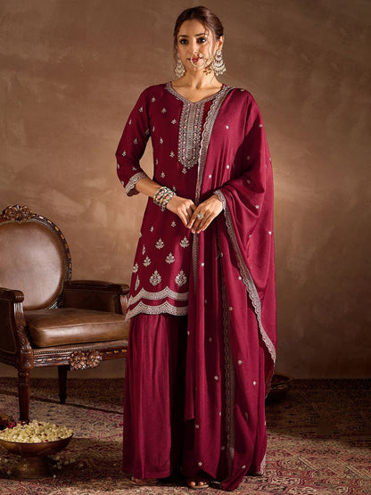 Dhiyona IE Ethnic Motifs Embroidered Sequinned Straight Kurta With Sharara And Dupatta