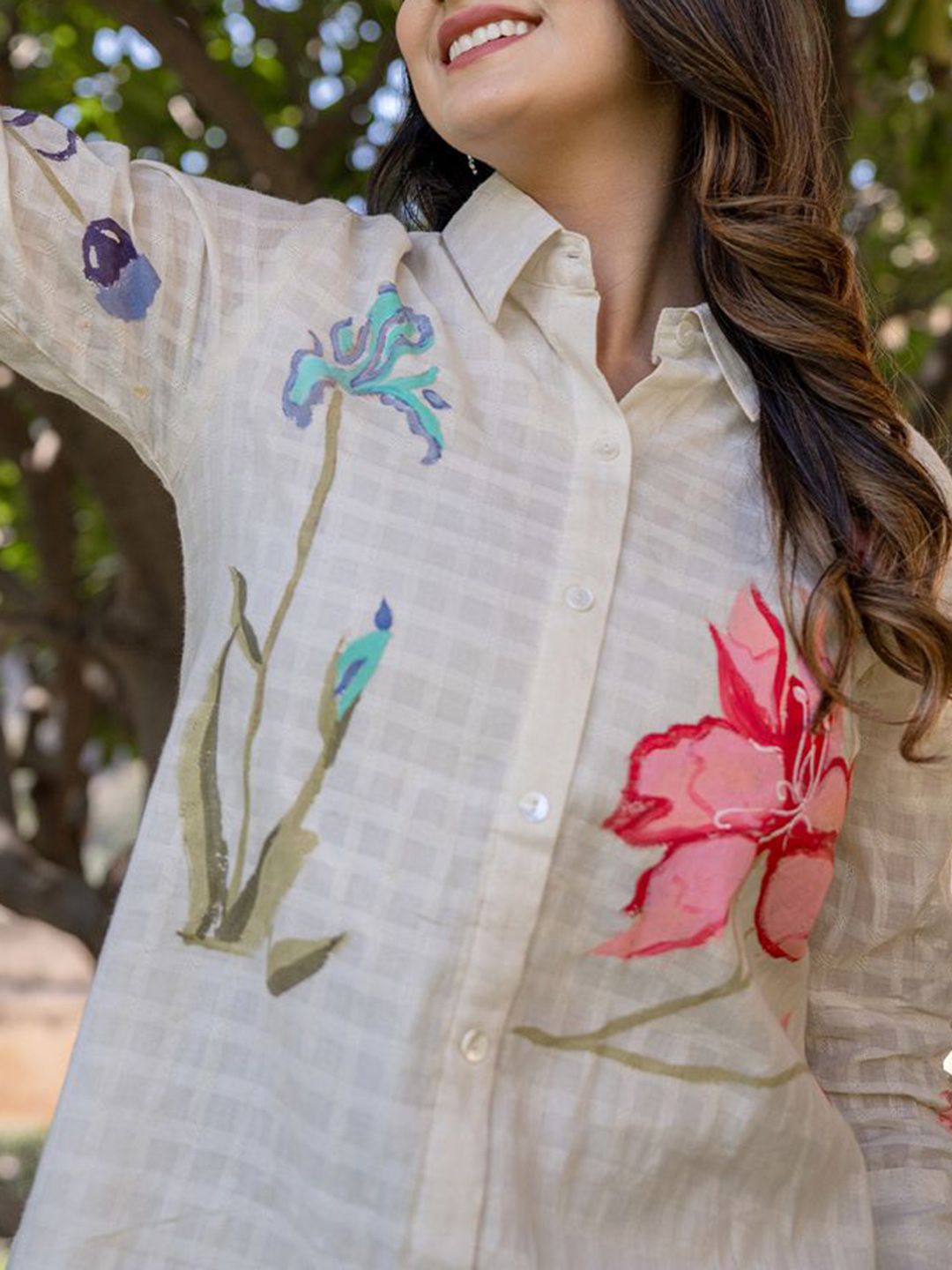 Dhiyona IE Floral Printed Shirt Collar Pure Cotton Tunic With Trouser