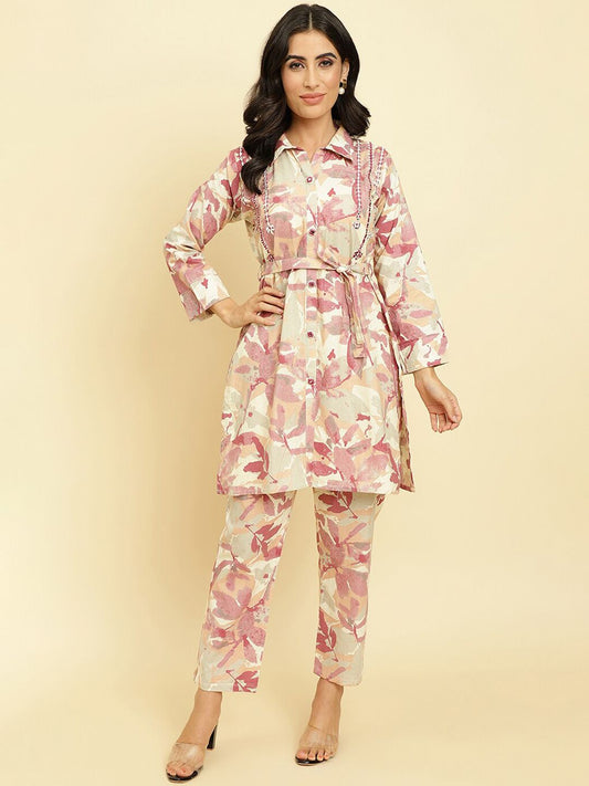 Dhiyona VA Women'sFloral Printed Regular Mirror Work Kurta with Trousers