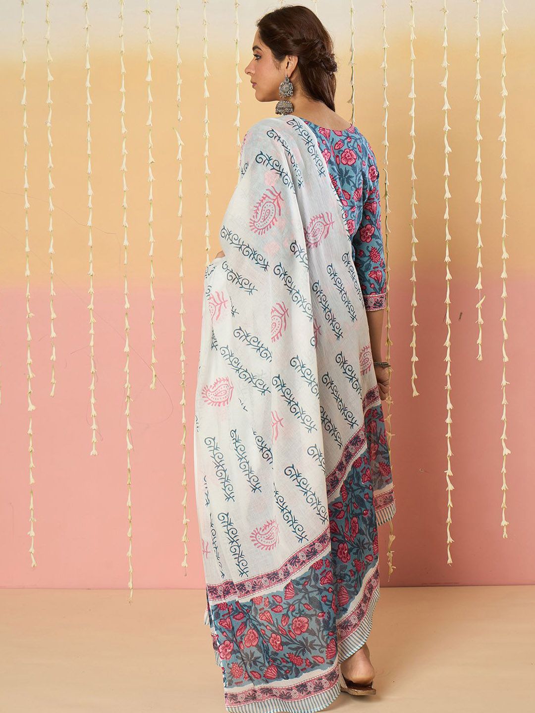 Dhiyona IE Floral Printed Notch Neck Pure Cotton Kurta With Trousers & Dupatta