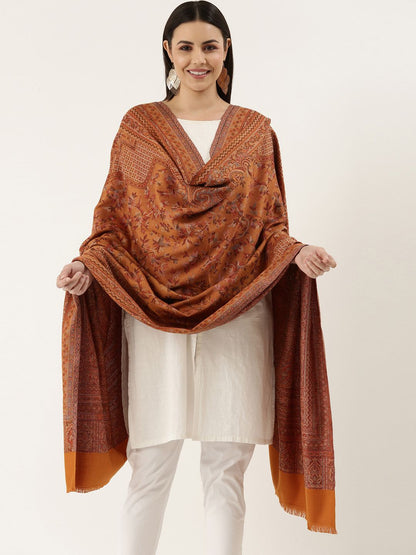 Dhiyona PA Women Mustard Brown Woven Design Wool Jamawar Shawl