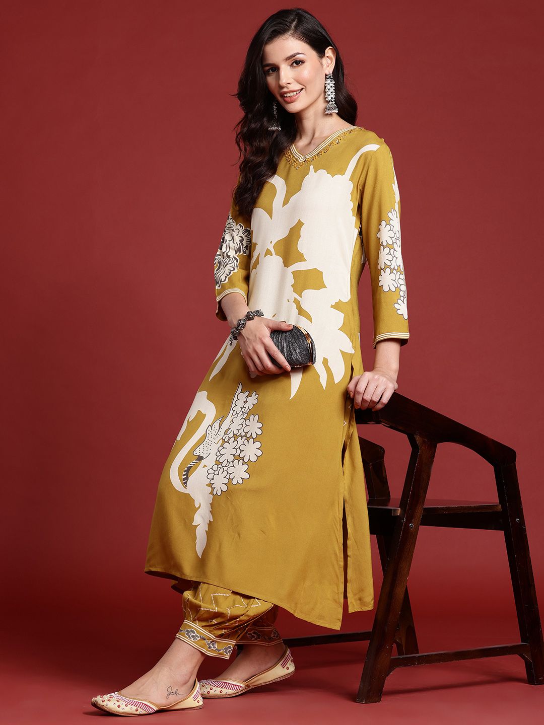 Bold Floral Printed Sequinned Kurta with Salwar Set