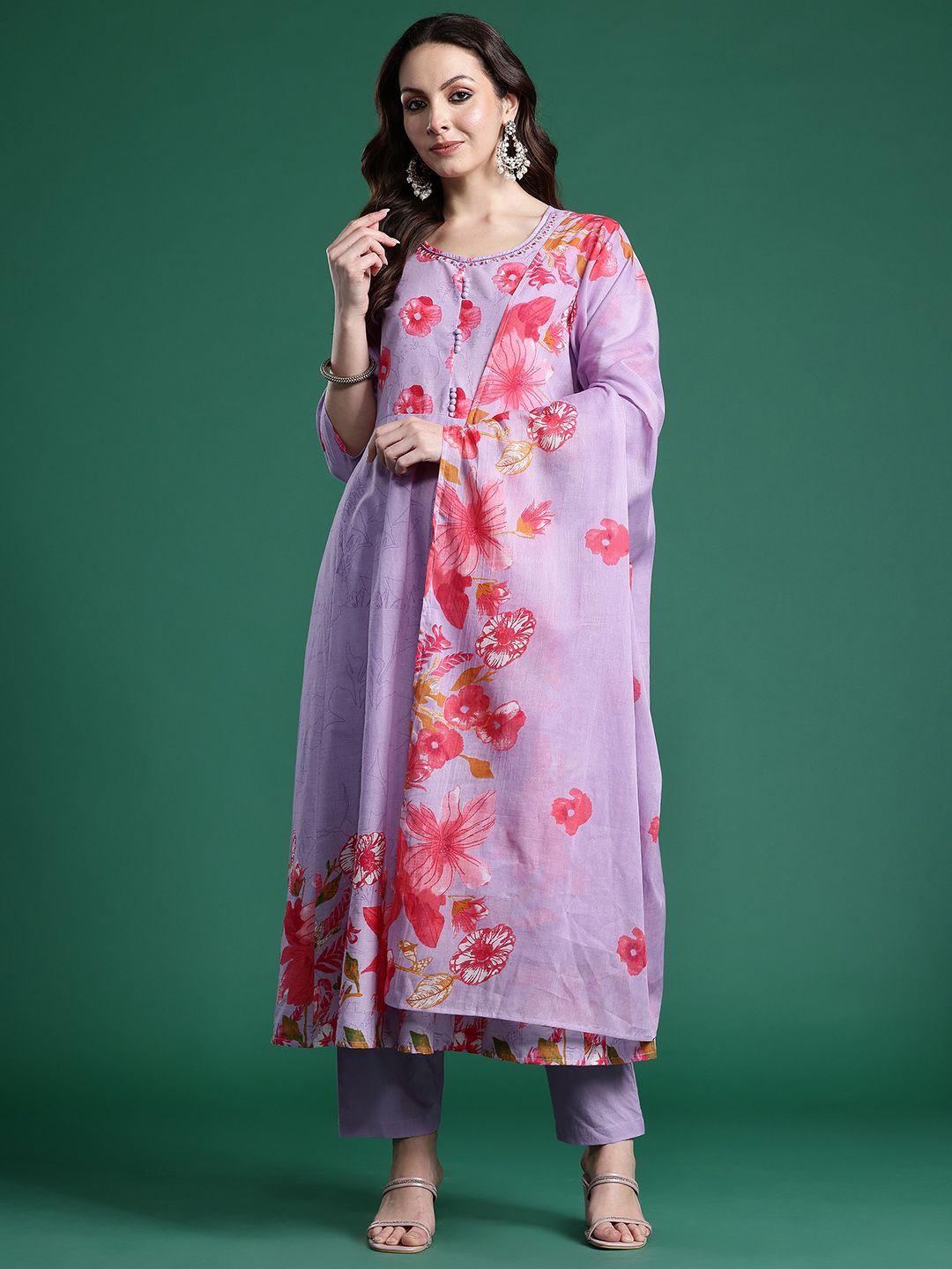 Floral Printed Regular Pure Cotton Kurta with Trousers & Dupatta