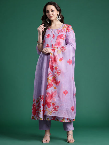 Floral Printed Regular Pure Cotton Kurta with Trousers & Dupatta