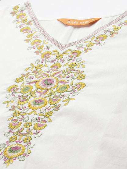 Floral Embroidered Pure Cotton Kurta with Trousers & Dupatta