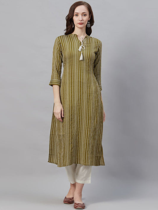 Dhiyona IE Women Olive Green & White Striped Straight Kurta