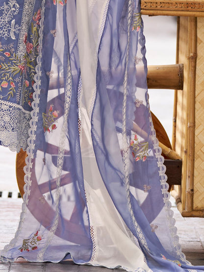 Floral Embroidered Round Neck Thread Work Straight Kurta With Trousers & Dupatta