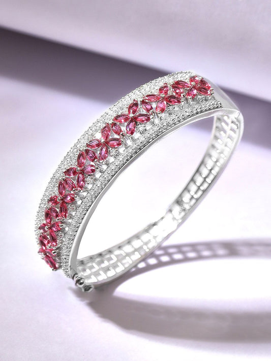 Dhiyona RJ Women's Silver-Plated Ruby Pink & Cubic Zicronia Studded Bangle-Style Bracelet