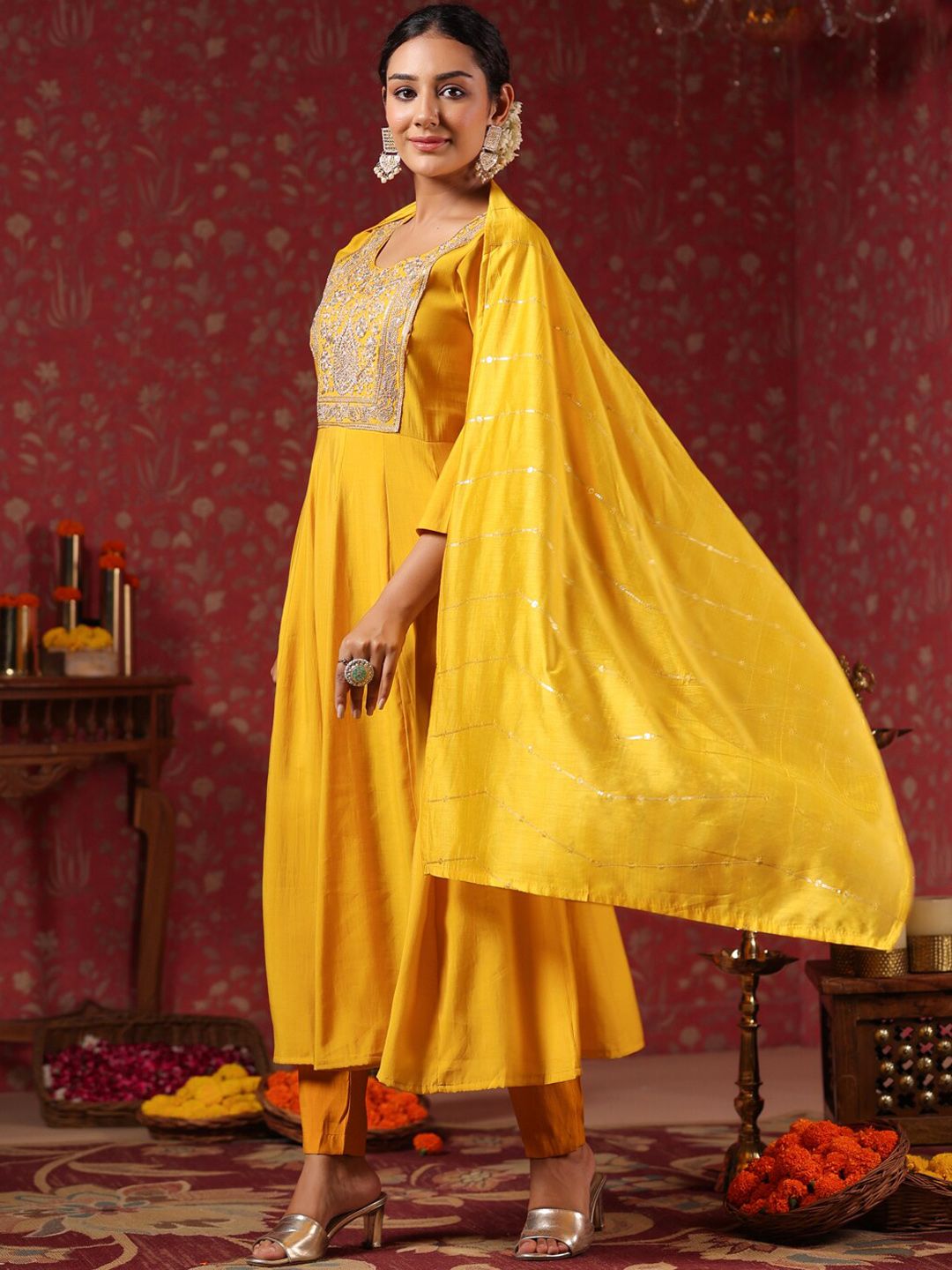 Dhiyona IS Women's Ethnic Motifs Embroidered Anarkali Kurta & Trousers With Dupatta