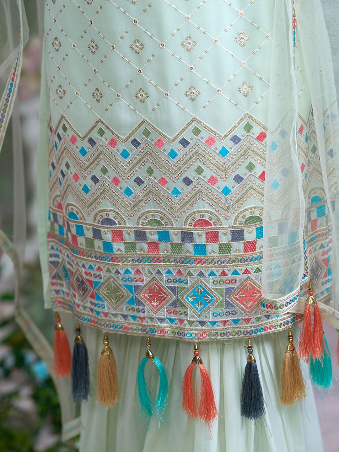 Dhiyona CH Floral Embroidered Sequinned Georgette Straight Kurta With Sharara & Dupatta