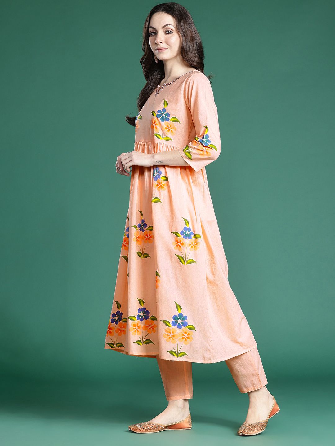 Floral Embroidered Mirror Work Pure Cotton Kurta with Trousers & Dupatta