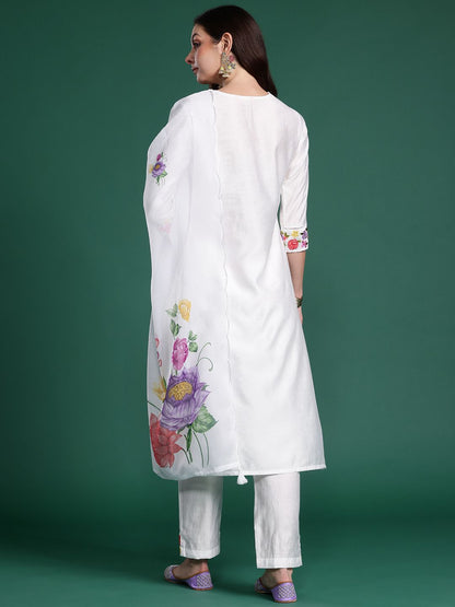 Floral Embroidered Kurta with Trousers & Dupatta