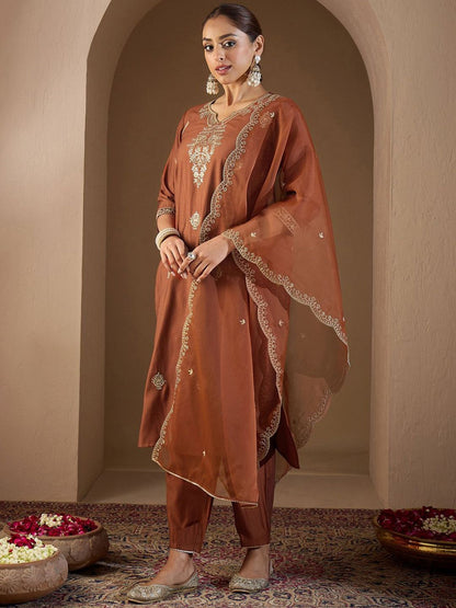 Dhiyona IE Women Ethnic Motifs Embroidered Regular Liva Kurta with Trousers & With Dupatta