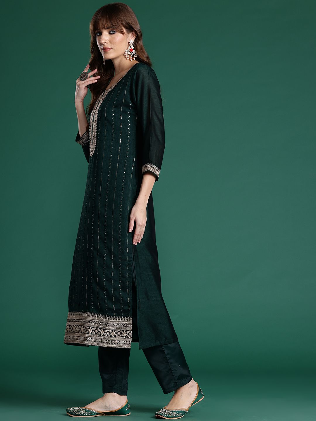 Ethnic Motifs Embroidered Sequinned Kurta with Trousers & With Dupatta