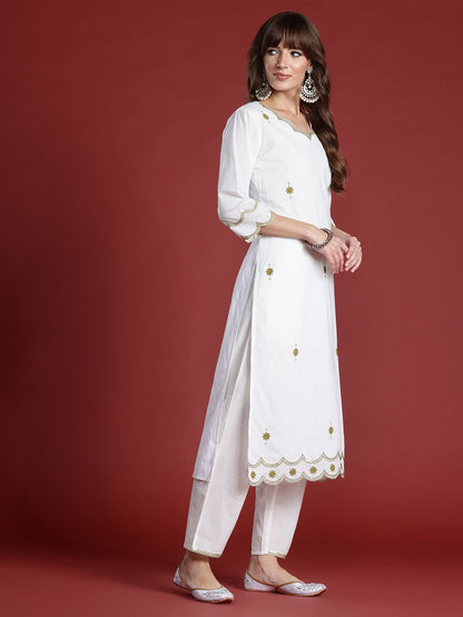 Floral Embroidered Sequinned Pure Cotton Kurta with Trousers & Dupatta