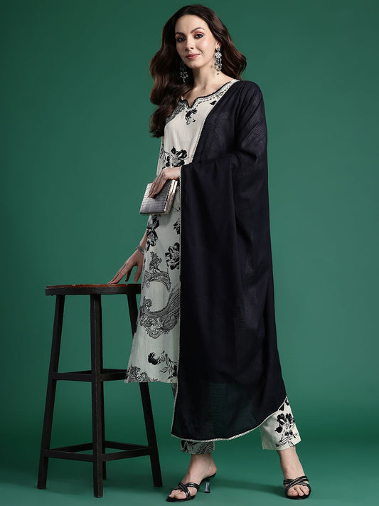 Dhiyona IE Women Floral Printed Regular Beads and Stones Pure Cotton Kurta with Trousers & With Dupatta
