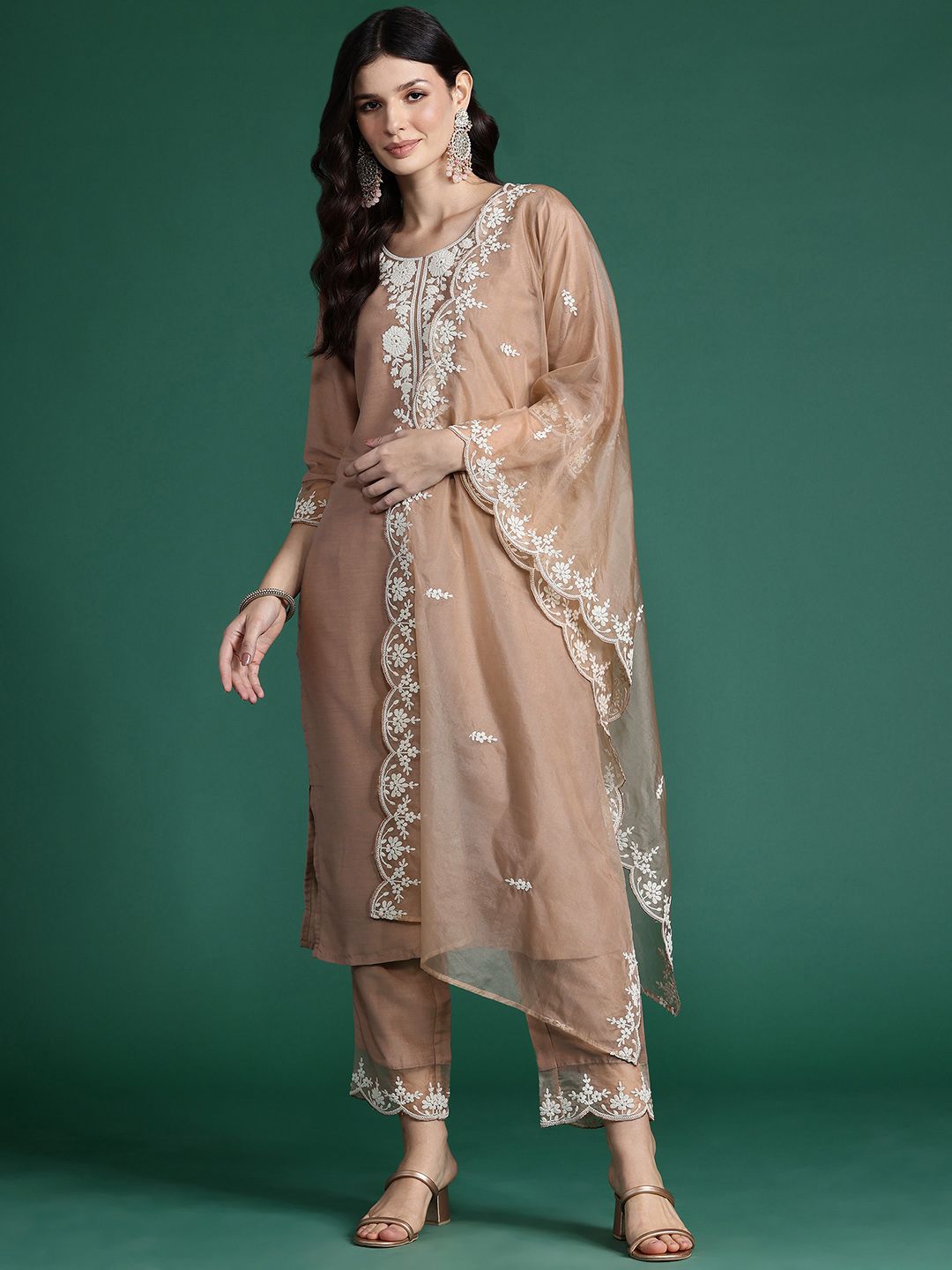 Floral Embroidered Thread Work Kurta With Trousers & Dupatta