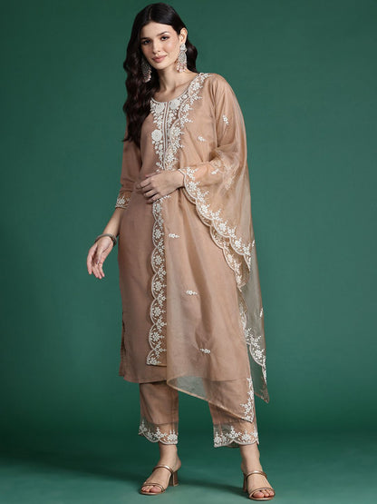 Floral Embroidered Thread Work Kurta With Trousers & Dupatta