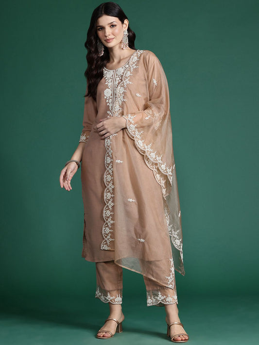 Floral Embroidered Thread Work Kurta With Trousers & Dupatta