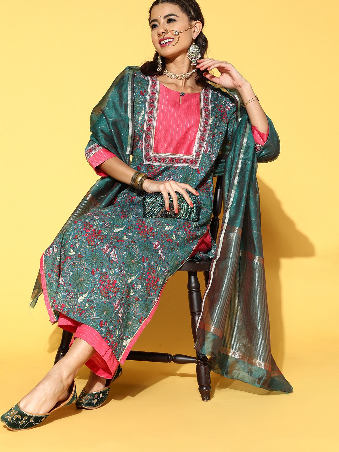 Cotton Blend Romantic Florals Kurta Set