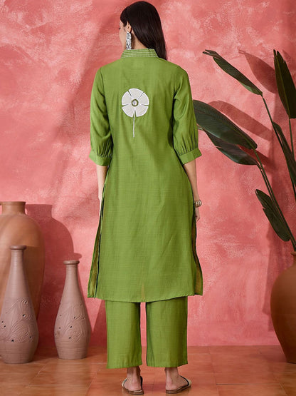 Dhiyona SN Women's Floral Embroidered V-Neck Mirror Work A-Line Kurta With Palazzo