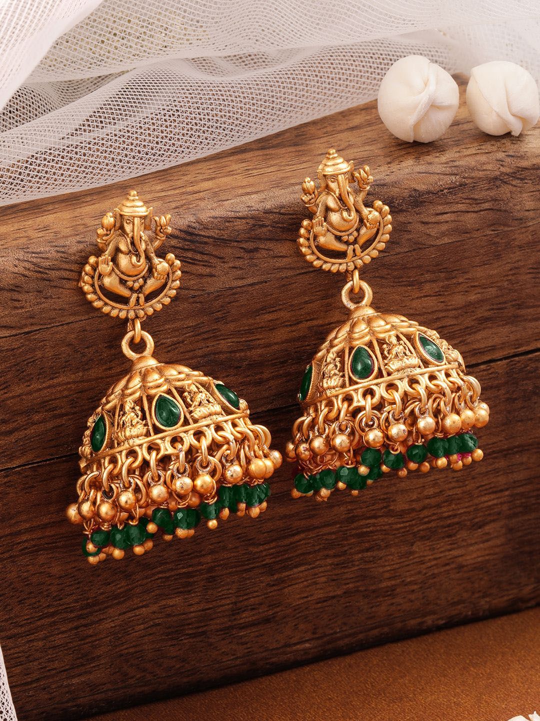 Dhiyona RJ Women's 18K Gold Plated Emerald Green Beaded Ganesha Temple Jhumka Earrings