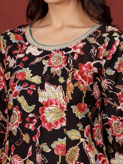 Dhiyona VA Women'sFloral Printed Thread Work Pure Cotton Kurta With Trousers & Dupatta