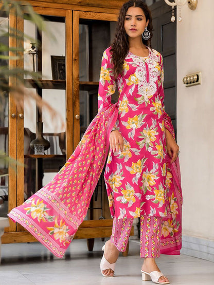 Dhiyona SN Women's Floral Printed Thread Work Straight Kurta With Trousers & Dupatta Set