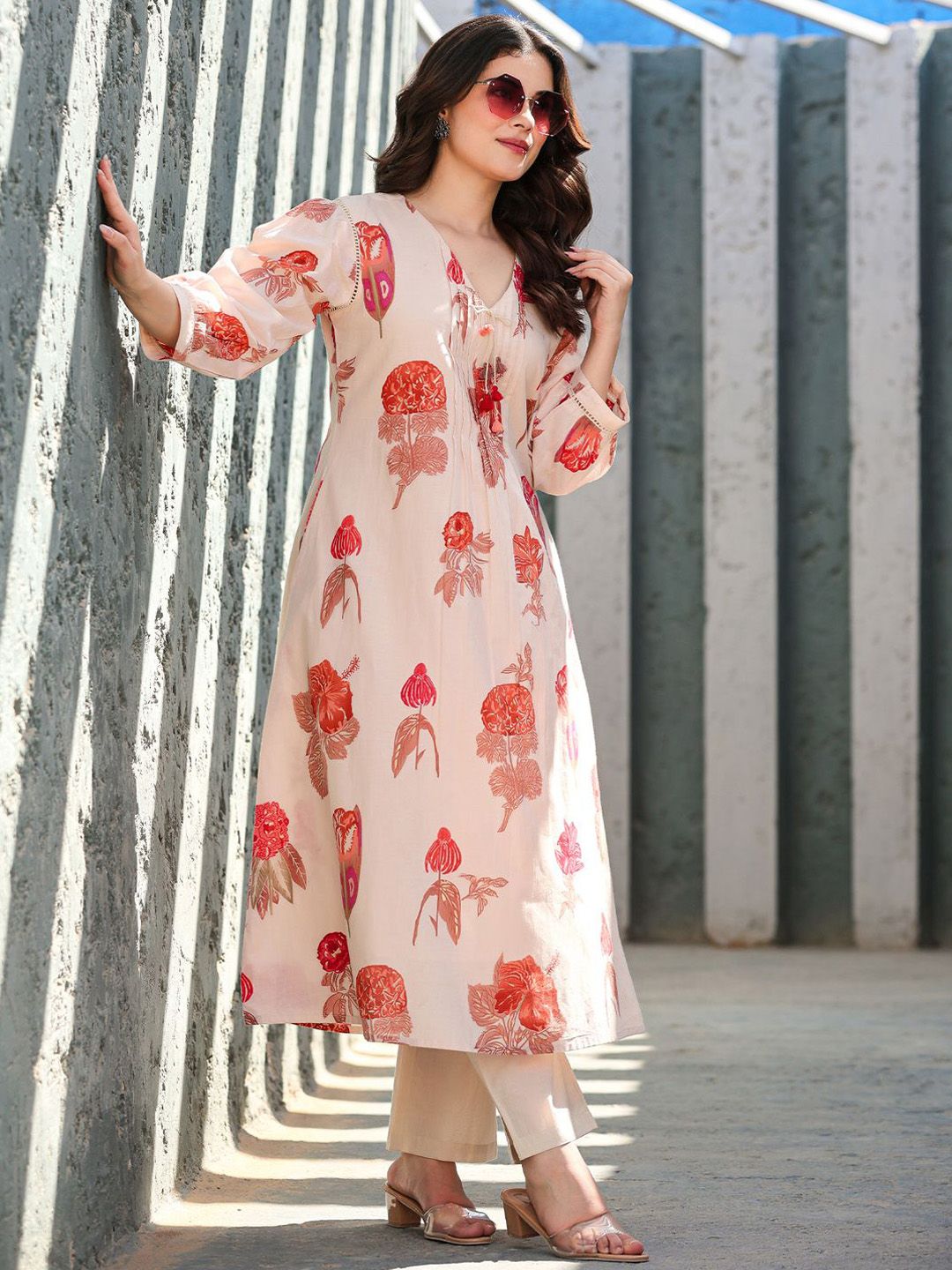 Dhiyona IE Printed Pure Cotton V-Neck Tunic With Trousers Co-Ords