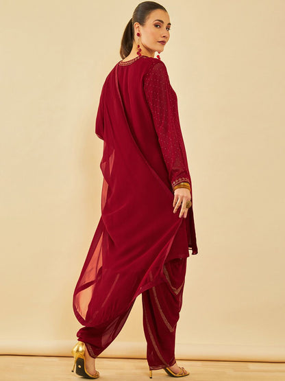 Dhiyona SO Women's Red Ethnic Motifs Yoke Design Beads and Stones Georgette Kurta With Salwar & Dupatta