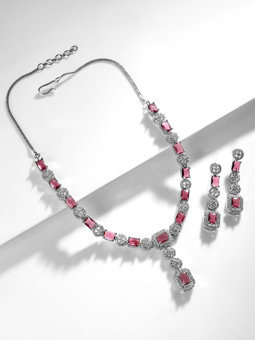 Dhiyona RJ Women's Rhodium Plated Ruby & Cubic Zicronia Studded Premium Drop Jewellery Set