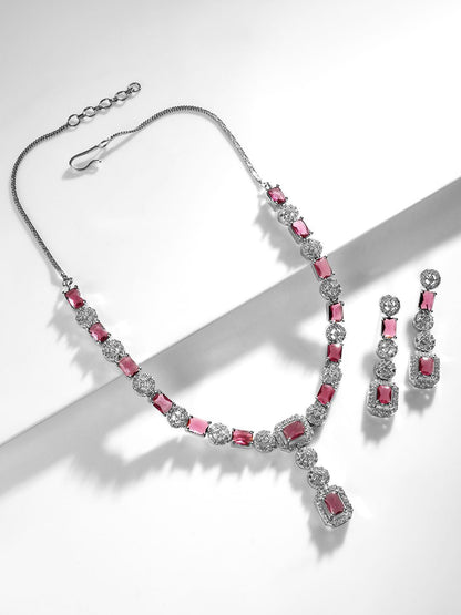 Dhiyona RJ Women's Rhodium Plated Ruby & Cubic Zicronia Studded Premium Drop Jewellery Set