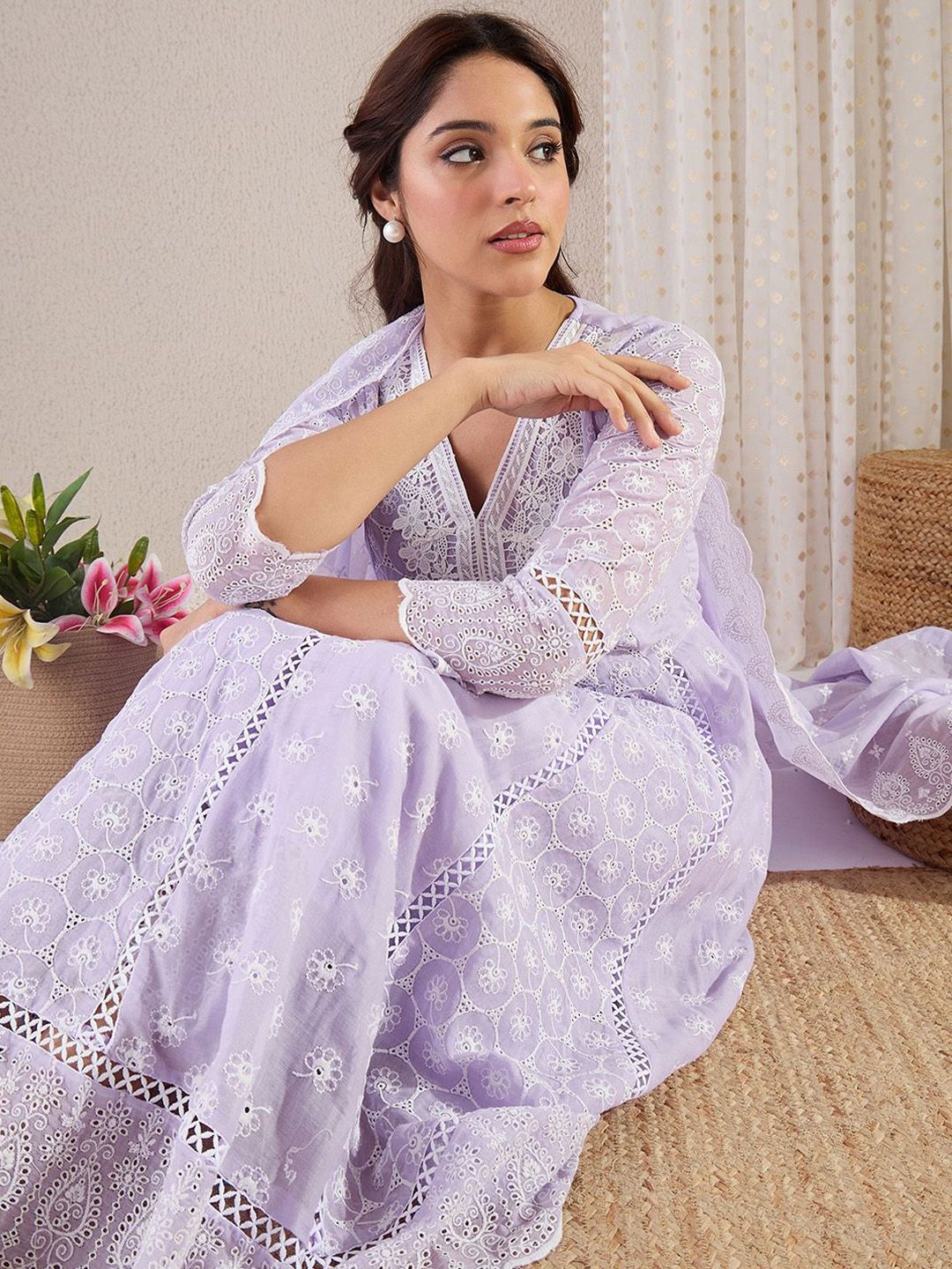 Women Floral Embroidered Cotton Kurta with Trousers & Dupatta